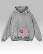 Bluza oversize z kapturem <br>Love z motywem ust <br>Haft, Efekt sprania